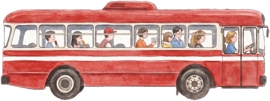 A red bus full of passengers.