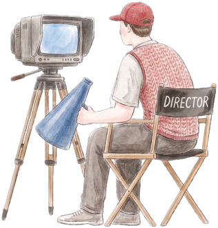 A director in a chair watching the monitor.