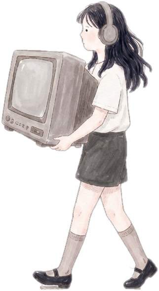A girl in headphones carrying an old television.
