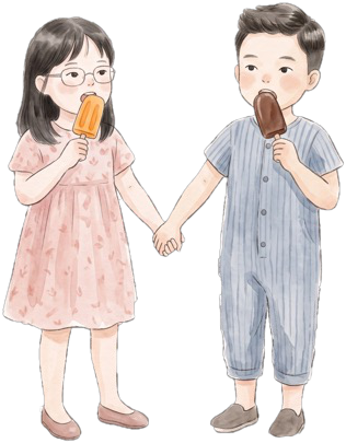 Two kids holding hands and eating ice pops.