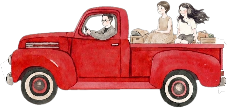 A red pickup truck carrying passengers and boxes.